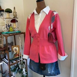 Y2K Preppy Pink Argyle V-Neck Sweater w White Collared Undershirt by Notations